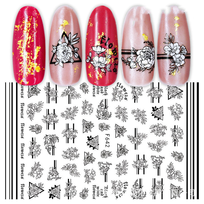 3D Nail Stickers – Black & White Rose Heart Ink Nail Decals